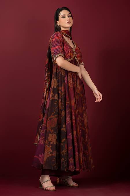 Sonia Baderia_Maroon Chiffon, Lurex, Silk Stones Asymmetric Vrindavan Print Anarkali Set _at_Aza_Fashions