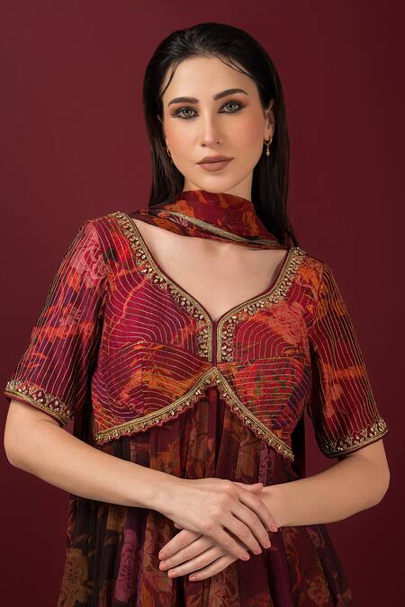 Buy_Sonia Baderia_Maroon Chiffon, Lurex, Silk Stones Asymmetric Vrindavan Print Anarkali Set 