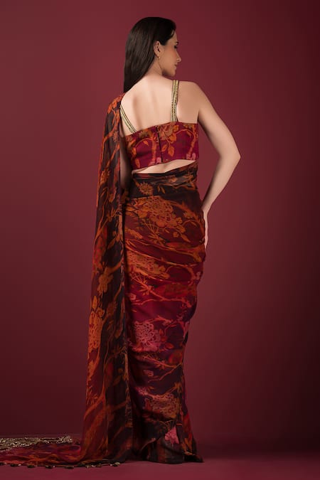 Shop Sonia Baderia Maroon Chiffon, Silk Tassels, Embroidery Square Floral Print Saree With Blouse at Aza Fashions Shop_Sonia Baderia_Maroon Chiffon, Silk Tassels, Embroidery Square Floral Print Saree With Blouse _at_Aza_Fashions