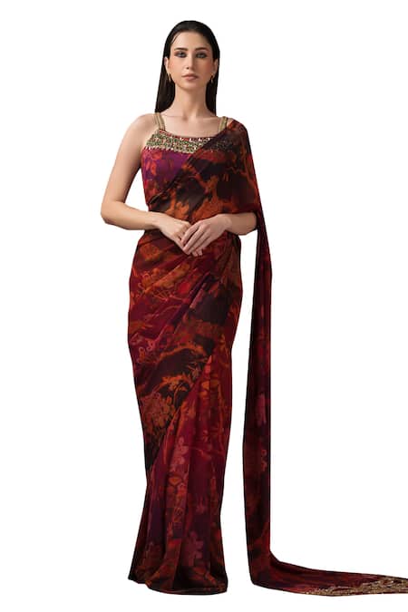 Sonia Baderia Maroon Chiffon, Silk Tassels, Embroidery Square Floral Print Saree With Blouse Online at Aza Fashions Sonia Baderia_Maroon Chiffon, Silk Tassels, Embroidery Square Floral Print Saree With Blouse _Online_at_Aza_Fashions