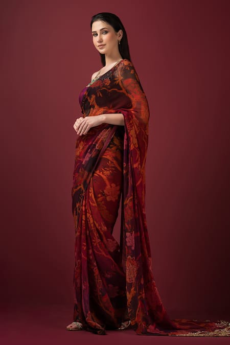 Buy Sonia Baderia Maroon Chiffon, Silk Tassels, Embroidery Square Floral Print Saree With Blouse Online at Aza Fashions Buy_Sonia Baderia_Maroon Chiffon, Silk Tassels, Embroidery Square Floral Print Saree With Blouse _Online_at_Aza_Fashions