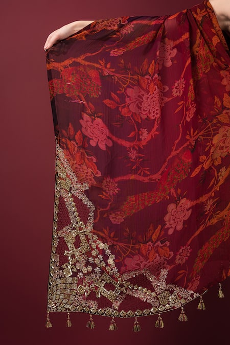 Shop Sonia Baderia Maroon Chiffon, Silk Tassels, Embroidery Square Floral Print Saree With Blouse Online at Aza Fashions Shop_Sonia Baderia_Maroon Chiffon, Silk Tassels, Embroidery Square Floral Print Saree With Blouse _Online_at_Aza_Fashions