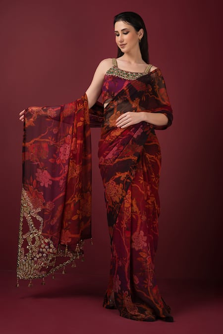 Sonia Baderia Maroon Chiffon, Silk Tassels, Embroidery Square Floral Print Saree With Blouse at Aza Fashions Sonia Baderia_Maroon Chiffon, Silk Tassels, Embroidery Square Floral Print Saree With Blouse _at_Aza_Fashions