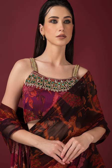 Buy Sonia Baderia Maroon Chiffon, Silk Tassels, Embroidery Square Floral Print Saree With Blouse Buy_Sonia Baderia_Maroon Chiffon, Silk Tassels, Embroidery Square Floral Print Saree With Blouse