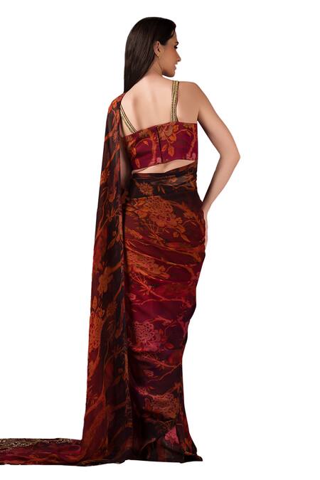 Shop Sonia Baderia Maroon Chiffon, Silk Tassels, Embroidery Square Floral Print Saree With Blouse Shop_Sonia Baderia_Maroon Chiffon, Silk Tassels, Embroidery Square Floral Print Saree With Blouse