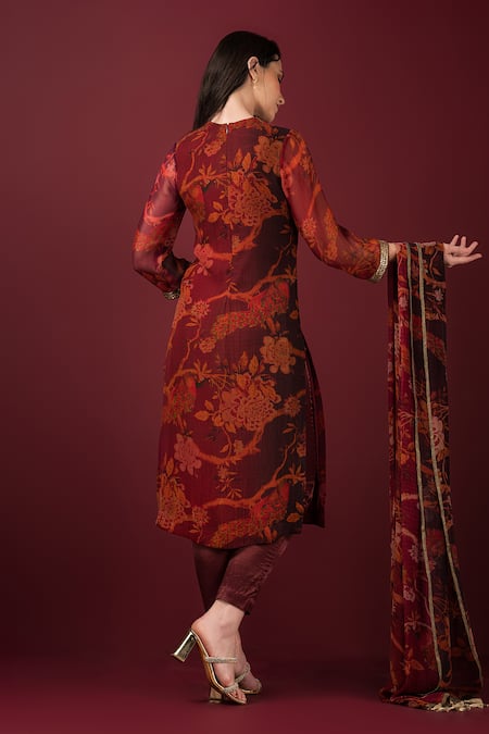 Shop Sonia Baderia Maroon Chiffon, Satin, Lycra Embroidery, Sequins Printed Long Kyrta Pant Set at Aza Fashions Shop_Sonia Baderia_Maroon Chiffon, Satin, Lycra Embroidery, Sequins Printed Long Kyrta Pant Set _at_Aza_Fashions