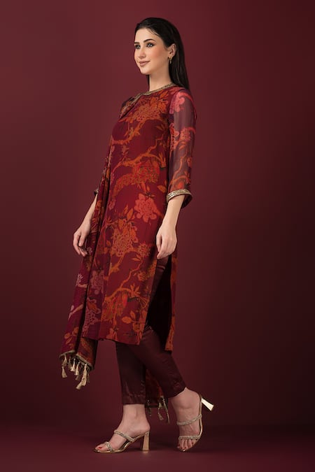 Sonia Baderia Maroon Chiffon, Satin, Lycra Embroidery, Sequins Printed Long Kyrta Pant Set Online at Aza Fashions Sonia Baderia_Maroon Chiffon, Satin, Lycra Embroidery, Sequins Printed Long Kyrta Pant Set _Online_at_Aza_Fashions