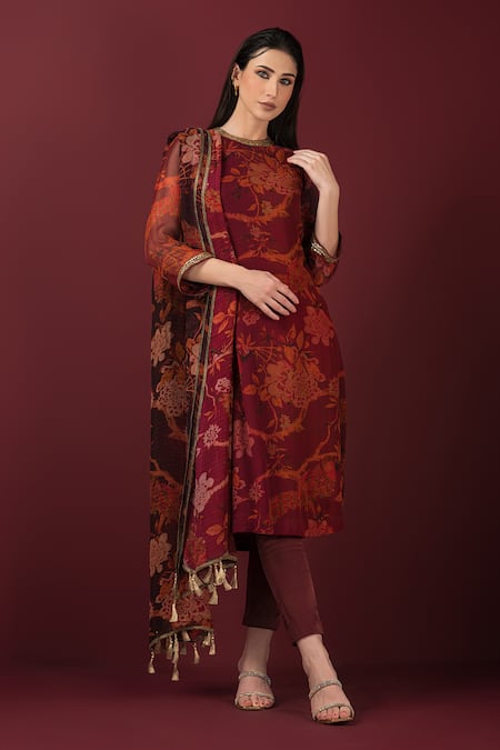 Buy Sonia Baderia Maroon Chiffon, Satin, Lycra Embroidery, Sequins Printed Long Kyrta Pant Set Online at Aza Fashions Buy_Sonia Baderia_Maroon Chiffon, Satin, Lycra Embroidery, Sequins Printed Long Kyrta Pant Set _Online_at_Aza_Fashions