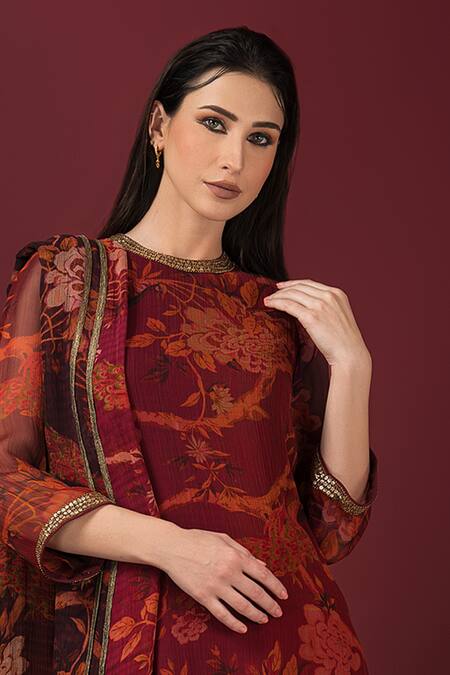 Shop Sonia Baderia Maroon Chiffon, Satin, Lycra Embroidery, Sequins Printed Long Kyrta Pant Set Online at Aza Fashions Shop_Sonia Baderia_Maroon Chiffon, Satin, Lycra Embroidery, Sequins Printed Long Kyrta Pant Set _Online_at_Aza_Fashions