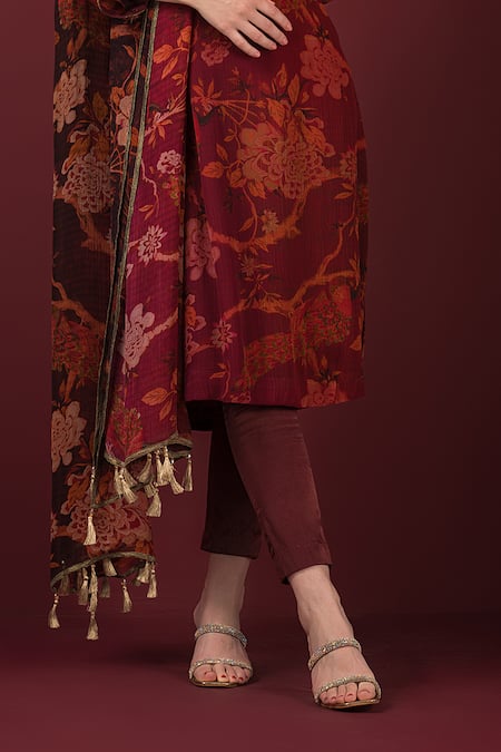 Sonia Baderia Maroon Chiffon, Satin, Lycra Embroidery, Sequins Printed Long Kyrta Pant Set at Aza Fashions Sonia Baderia_Maroon Chiffon, Satin, Lycra Embroidery, Sequins Printed Long Kyrta Pant Set _at_Aza_Fashions