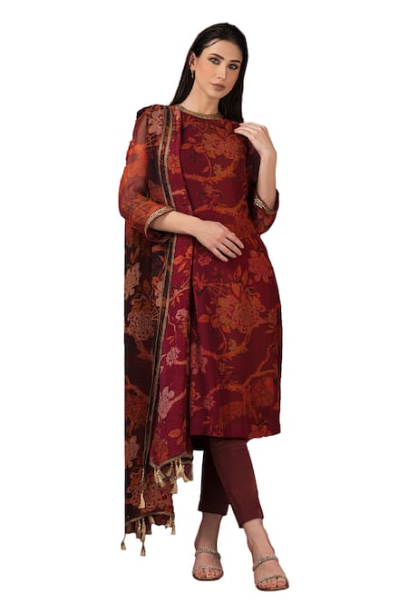 Buy Sonia Baderia Maroon Chiffon, Satin, Lycra Embroidery, Sequins Printed Long Kyrta Pant Set Buy_Sonia Baderia_Maroon Chiffon, Satin, Lycra Embroidery, Sequins Printed Long Kyrta Pant Set