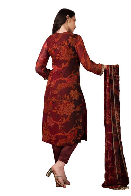 Shop Sonia Baderia Maroon Chiffon, Satin, Lycra Embroidery, Sequins Printed Long Kyrta Pant Set Shop_Sonia Baderia_Maroon Chiffon, Satin, Lycra Embroidery, Sequins Printed Long Kyrta Pant Set