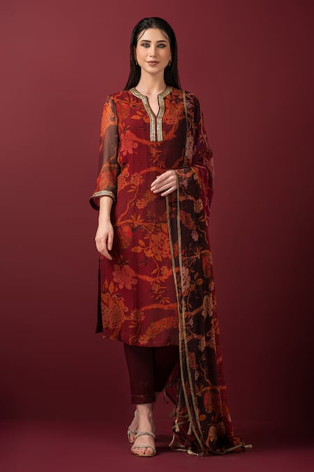 SONIA BADERIA Floral Print Long Kurta Pant Set 