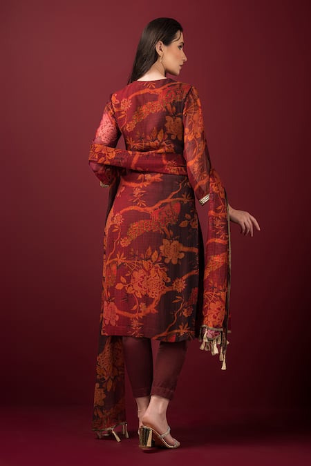 Shop_Sonia Baderia_Maroon Chiffon, Lycra, Cotton Embroidery, Floral Print Long Kurta Pant Set _at_Aza_Fashions