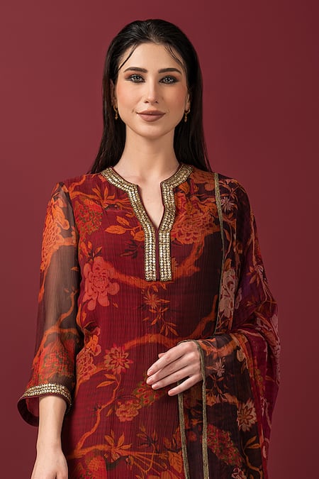Sonia Baderia_Maroon Chiffon, Lycra, Cotton Embroidery, Floral Print Long Kurta Pant Set _Online_at_Aza_Fashions