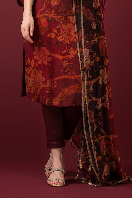 Buy_Sonia Baderia_Maroon Chiffon, Lycra, Cotton Embroidery, Floral Print Long Kurta Pant Set _Online_at_Aza_Fashions