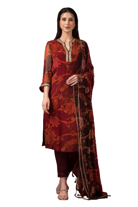 Shop_Sonia Baderia_Maroon Chiffon, Lycra, Cotton Embroidery, Floral Print Long Kurta Pant Set _Online_at_Aza_Fashions