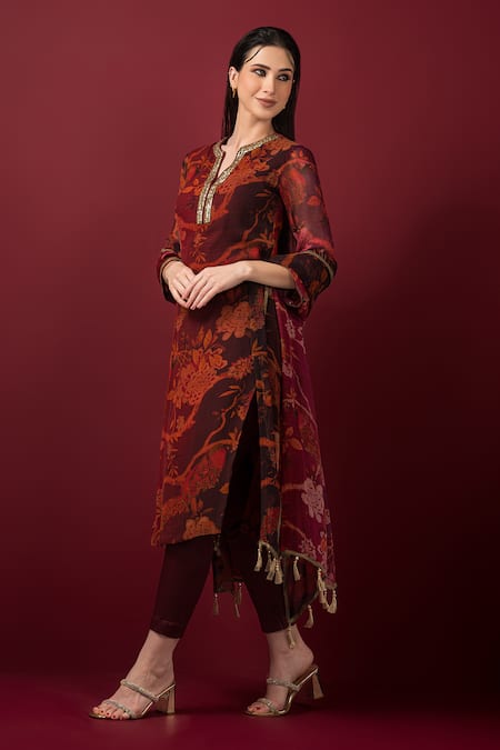 Sonia Baderia_Maroon Chiffon, Lycra, Cotton Embroidery, Floral Print Long Kurta Pant Set _at_Aza_Fashions