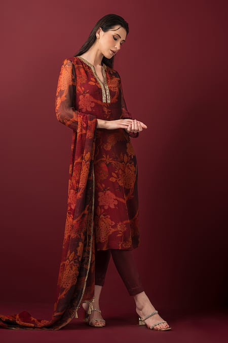 Buy_Sonia Baderia_Maroon Chiffon, Lycra, Cotton Embroidery, Floral Print Long Kurta Pant Set 