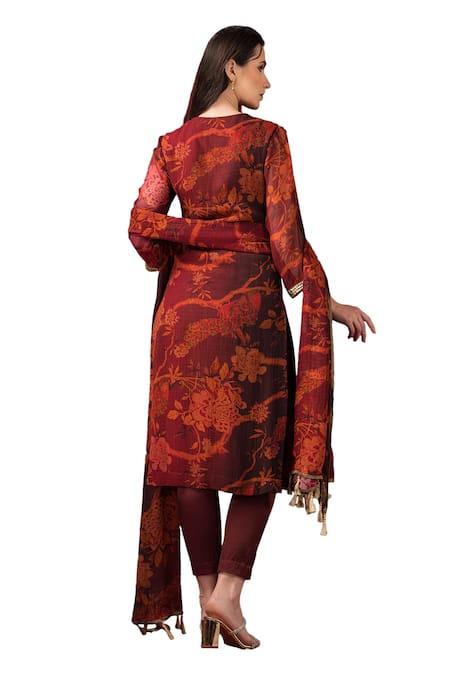Shop_Sonia Baderia_Maroon Chiffon, Lycra, Cotton Embroidery, Floral Print Long Kurta Pant Set 