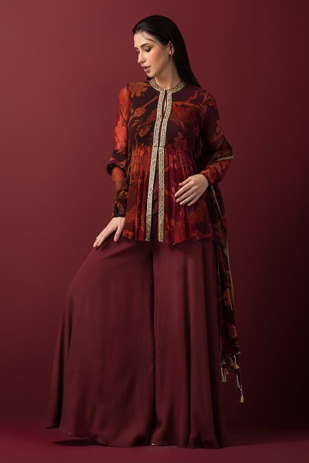 SONIA BADERIA Maroon Peplum Top And Dupatta Chiffon Printed Floral Embroidered Sharara Set 