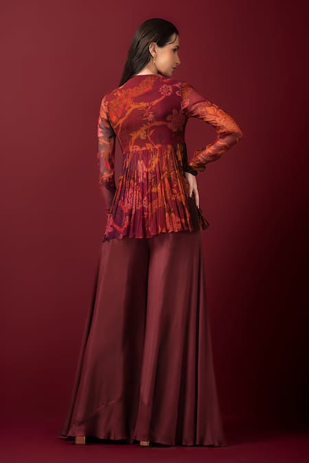 Shop_Sonia Baderia_Maroon Chiffon, Crepe, Linen Embroidery, Floral Print Peplum Top Sharara Set _at_Aza_Fashions