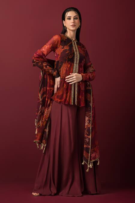 Sonia Baderia_Maroon Chiffon, Crepe, Linen Embroidery, Floral Print Peplum Top Sharara Set _Online_at_Aza_Fashions