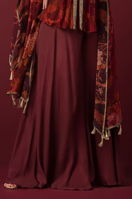 Buy_Sonia Baderia_Maroon Chiffon, Crepe, Linen Embroidery, Floral Print Peplum Top Sharara Set _Online_at_Aza_Fashions