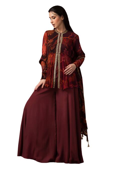 Shop_Sonia Baderia_Maroon Chiffon, Crepe, Linen Embroidery, Floral Print Peplum Top Sharara Set _Online_at_Aza_Fashions