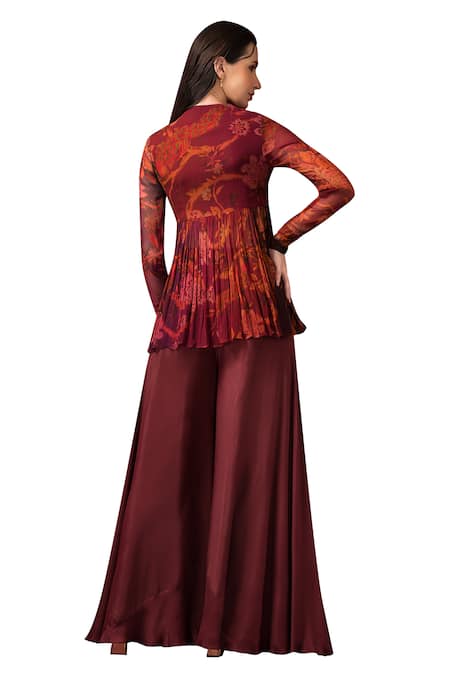 Sonia Baderia_Maroon Chiffon, Crepe, Linen Embroidery, Floral Print Peplum Top Sharara Set _at_Aza_Fashions