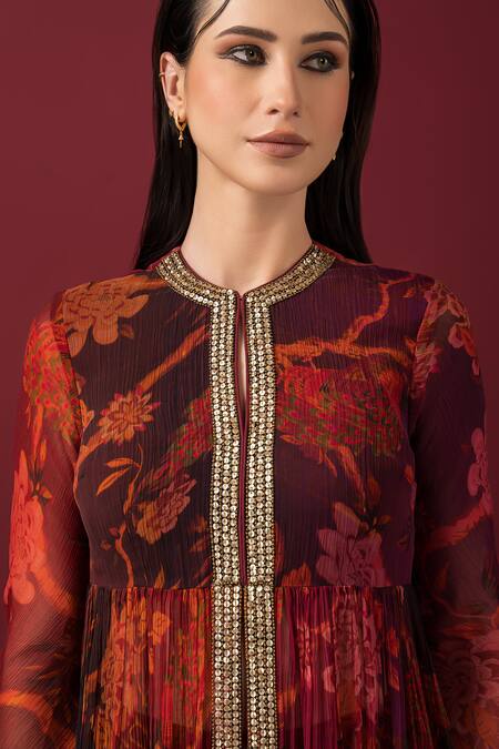 Buy_Sonia Baderia_Maroon Chiffon, Crepe, Linen Embroidery, Floral Print Peplum Top Sharara Set 