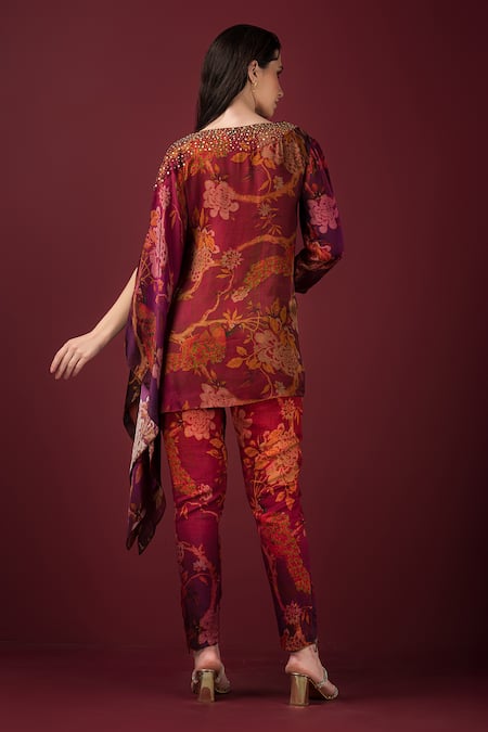 Shop_Sonia Baderia_Maroon Satin, Silk Embroidery, Sequins, Floral Print Kaftan Top And Sharara Set _at_Aza_Fashions