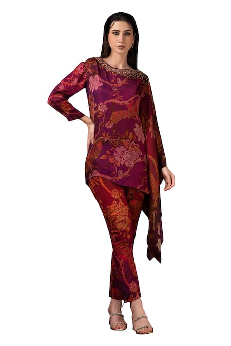 Sonia Baderia_Maroon Satin, Silk Embroidery, Sequins, Floral Print Kaftan Top And Sharara Set _Online_at_Aza_Fashions