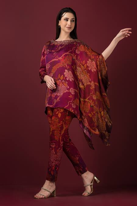 Buy_Sonia Baderia_Maroon Satin, Silk Embroidery, Sequins, Floral Print Kaftan Top And Sharara Set _Online_at_Aza_Fashions