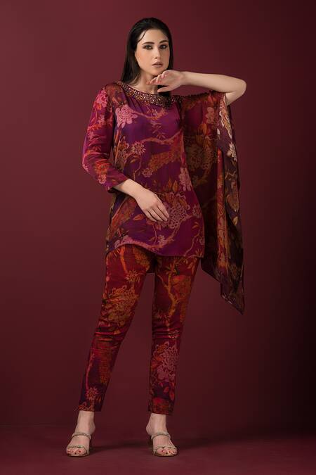 Shop_Sonia Baderia_Maroon Satin, Silk Embroidery, Sequins, Floral Print Kaftan Top And Sharara Set _Online_at_Aza_Fashions