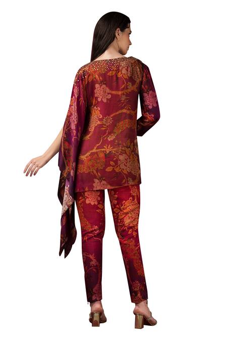 Sonia Baderia_Maroon Satin, Silk Embroidery, Sequins, Floral Print Kaftan Top And Sharara Set _at_Aza_Fashions