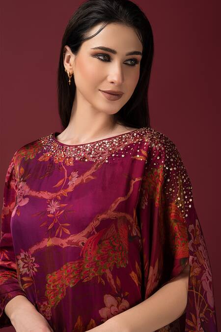 Buy_Sonia Baderia_Maroon Satin, Silk Embroidery, Sequins, Floral Print Kaftan Top And Sharara Set 