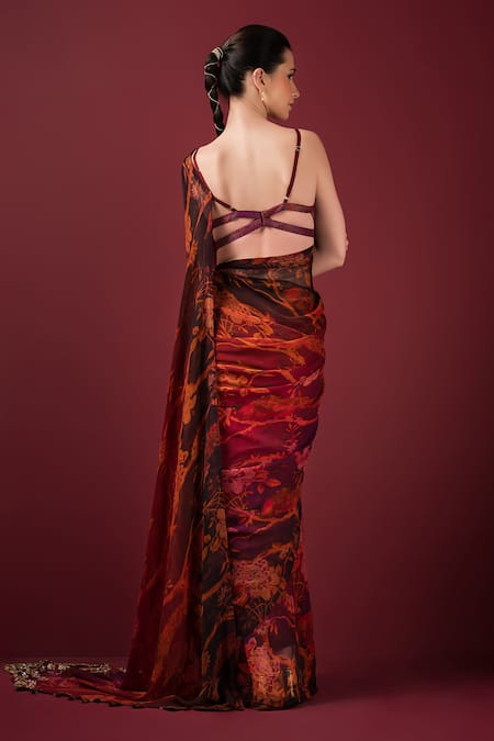 Shop Sonia Baderia Maroon Chiffon, Silk Embroidery, Zari Sweetheart Floral Print Saree With Blouse at Aza Fashions Shop_Sonia Baderia_Maroon Chiffon, Silk Embroidery, Zari Sweetheart Floral Print Saree With Blouse _at_Aza_Fashions