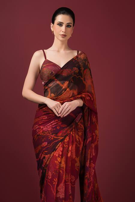 Sonia Baderia Maroon Chiffon, Silk Embroidery, Zari Sweetheart Floral Print Saree With Blouse Online at Aza Fashions Sonia Baderia_Maroon Chiffon, Silk Embroidery, Zari Sweetheart Floral Print Saree With Blouse _Online_at_Aza_Fashions