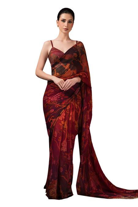 Buy Sonia Baderia Maroon Chiffon, Silk Embroidery, Zari Sweetheart Floral Print Saree With Blouse Online at Aza Fashions Buy_Sonia Baderia_Maroon Chiffon, Silk Embroidery, Zari Sweetheart Floral Print Saree With Blouse _Online_at_Aza_Fashions