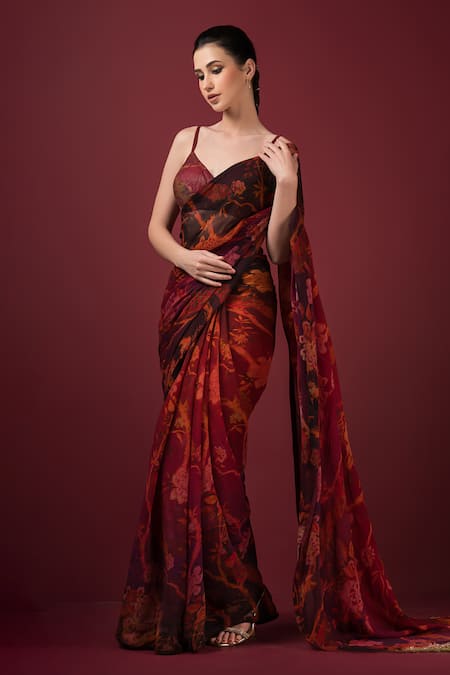 Shop Sonia Baderia Maroon Chiffon, Silk Embroidery, Zari Sweetheart Floral Print Saree With Blouse Online at Aza Fashions Shop_Sonia Baderia_Maroon Chiffon, Silk Embroidery, Zari Sweetheart Floral Print Saree With Blouse _Online_at_Aza_Fashions