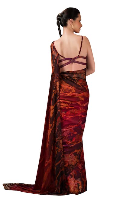 Buy Sonia Baderia Maroon Chiffon, Silk Embroidery, Zari Sweetheart Floral Print Saree With Blouse Buy_Sonia Baderia_Maroon Chiffon, Silk Embroidery, Zari Sweetheart Floral Print Saree With Blouse