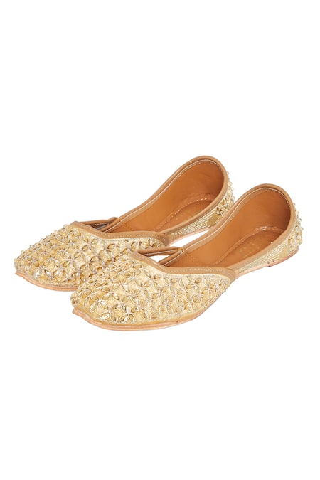 Shop House Of Kosha Gold Always Yours Fleur Hand Embroidered Leather Juttis at Aza Fashions Shop_House Of Kosha_Gold Always Yours Fleur Hand Embroidered Leather Juttis _at_Aza_Fashions