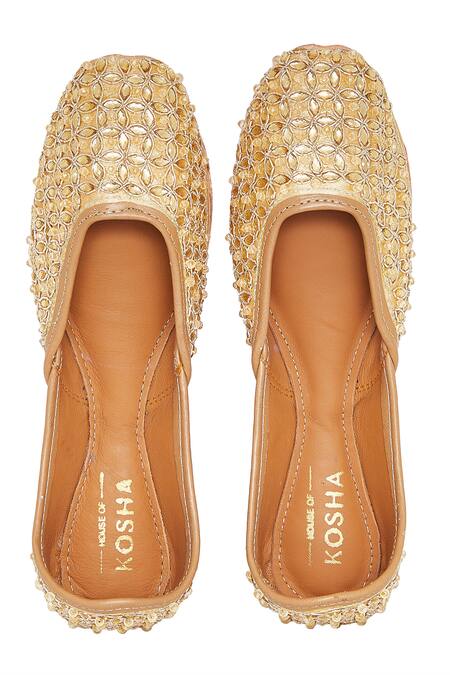 House Of Kosha Gold Always Yours Fleur Hand Embroidered Leather Juttis Online at Aza Fashions House Of Kosha_Gold Always Yours Fleur Hand Embroidered Leather Juttis _Online_at_Aza_Fashions