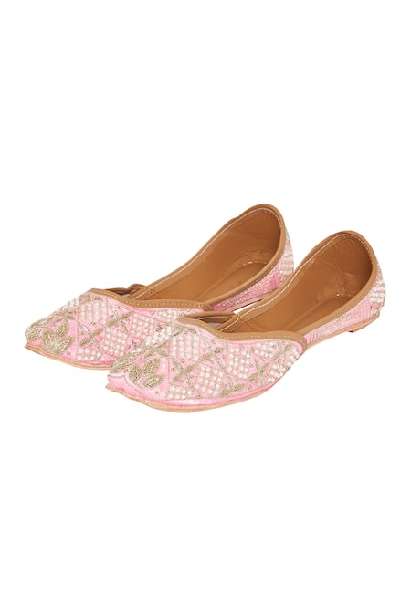 Shop House Of Kosha Pink Pearls, Sequins Aurora Hand Embroidered Leather Juttis at Aza Fashions Shop_House Of Kosha_Pink Pearls, Sequins Aurora Hand Embroidered Leather Juttis _at_Aza_Fashions