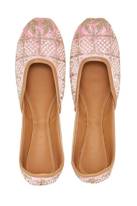 House Of Kosha Pink Pearls, Sequins Aurora Hand Embroidered Leather Juttis Online at Aza Fashions House Of Kosha_Pink Pearls, Sequins Aurora Hand Embroidered Leather Juttis _Online_at_Aza_Fashions