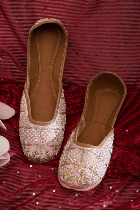 Buy House Of Kosha Pink Pearls, Sequins Aurora Hand Embroidered Leather Juttis Online at Aza Fashions Buy_House Of Kosha_Pink Pearls, Sequins Aurora Hand Embroidered Leather Juttis _Online_at_Aza_Fashions