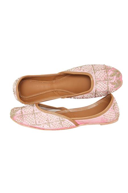 Shop House Of Kosha Pink Pearls, Sequins Aurora Hand Embroidered Leather Juttis Online at Aza Fashions Shop_House Of Kosha_Pink Pearls, Sequins Aurora Hand Embroidered Leather Juttis _Online_at_Aza_Fashions