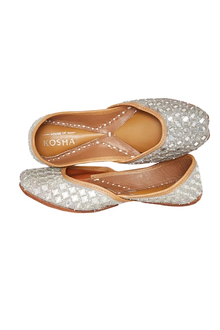 Buy House Of Kosha Silver Sheesh Hand Embroidered Leather Juttis Online at Aza Fashions Buy_House Of Kosha_Silver Sheesh Hand Embroidered Leather Juttis _Online_at_Aza_Fashions