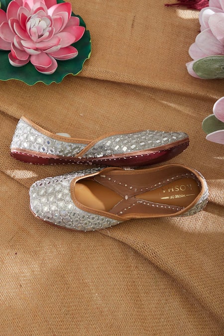 House Of Kosha Silver Sheesh Hand Embroidered Leather Juttis at Aza Fashions House Of Kosha_Silver Sheesh Hand Embroidered Leather Juttis _at_Aza_Fashions